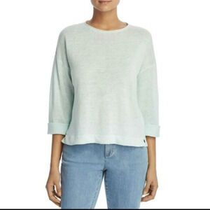 Eileen Fisher L 100% Organic Linen Boxy Top Mint Rolled 3/4 Sleeves Flowy Shirt